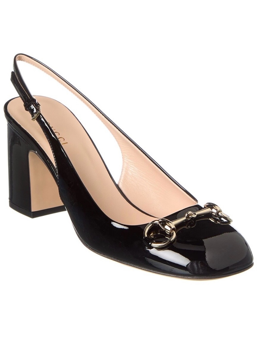 Gucci Black Patent Leather Slingback Block Heel with Horsebit